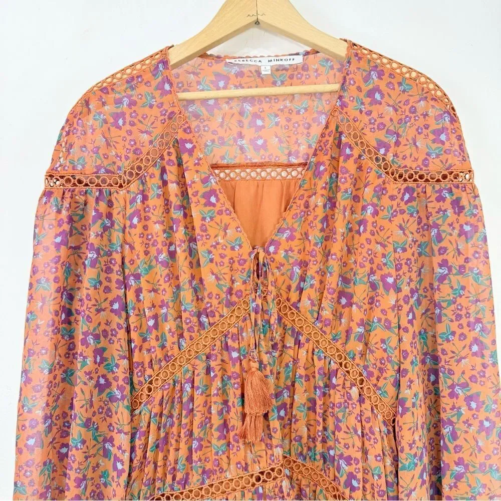 Rebecca Minkoff CADEN Dark Orange Magenta Floral Boho Chic Tiered Peasant Dress - Picture 6 of 16